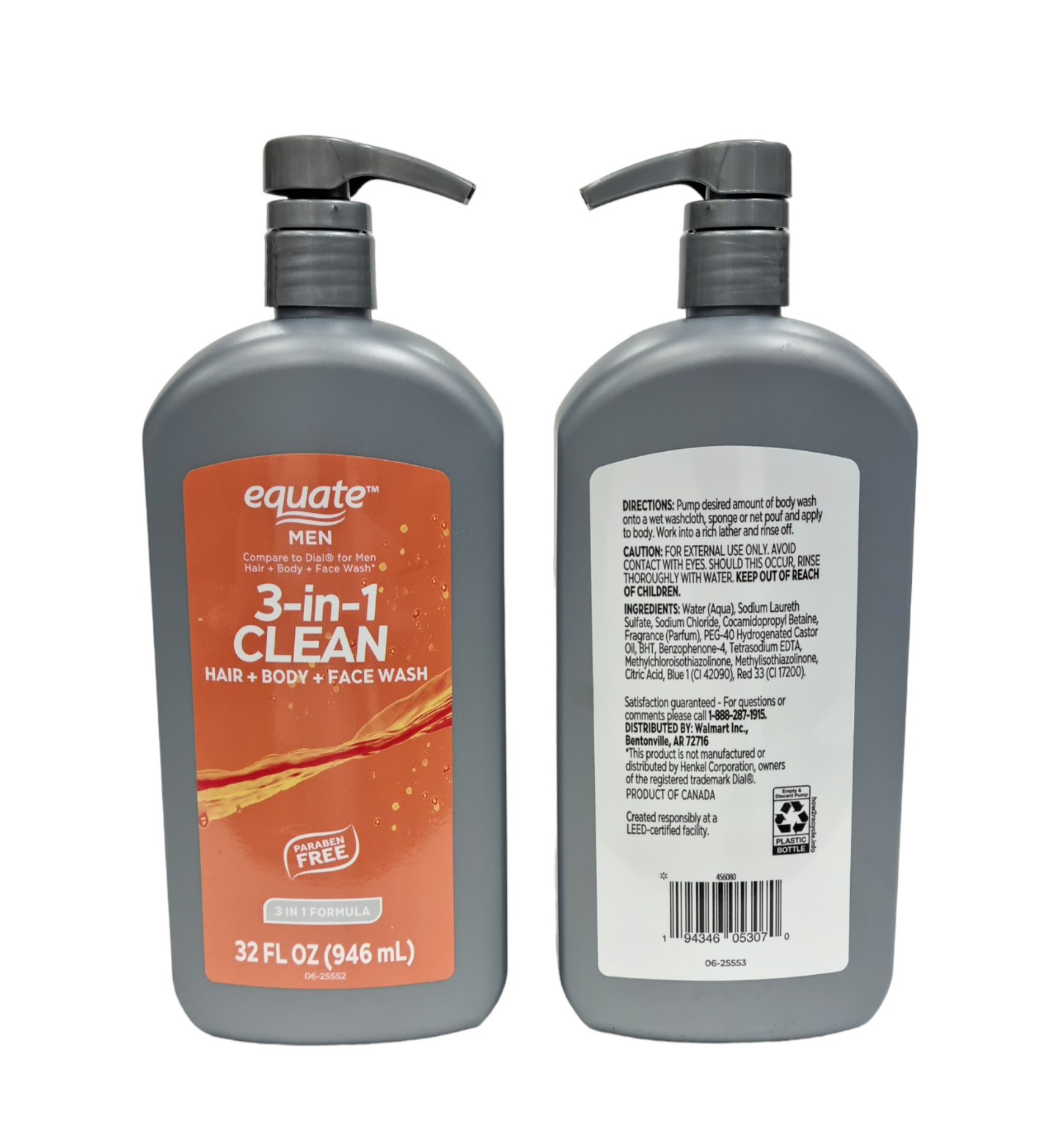 Equate Men 3-in-1 Hair + Body + Face Wash 32 fl oz