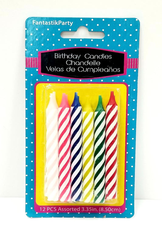Birthday Candles 12pcs Assorted 3.35in (8.5cm)