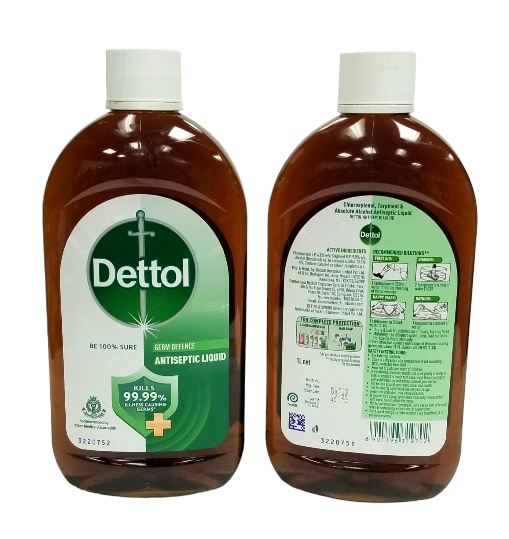Two bottles of Dettol antiseptic liquid, one showing the front label and the other showing the back label.