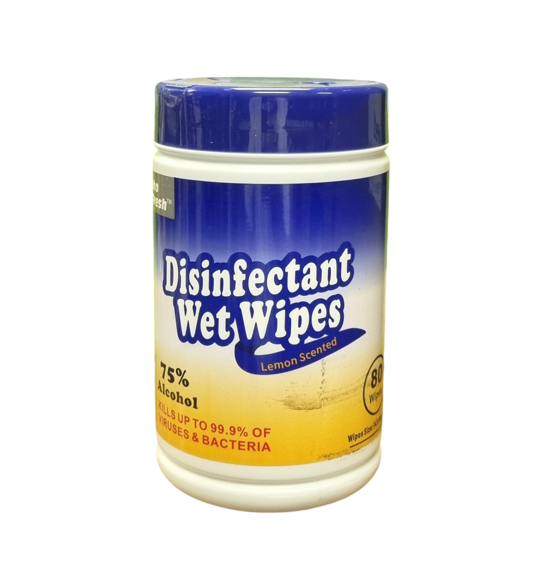 Jar of disinfectant wet wipes with blue and yellow design on a white background