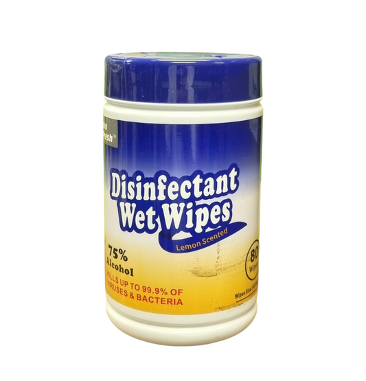 Jar of disinfectant wet wipes with blue and yellow design on a white background