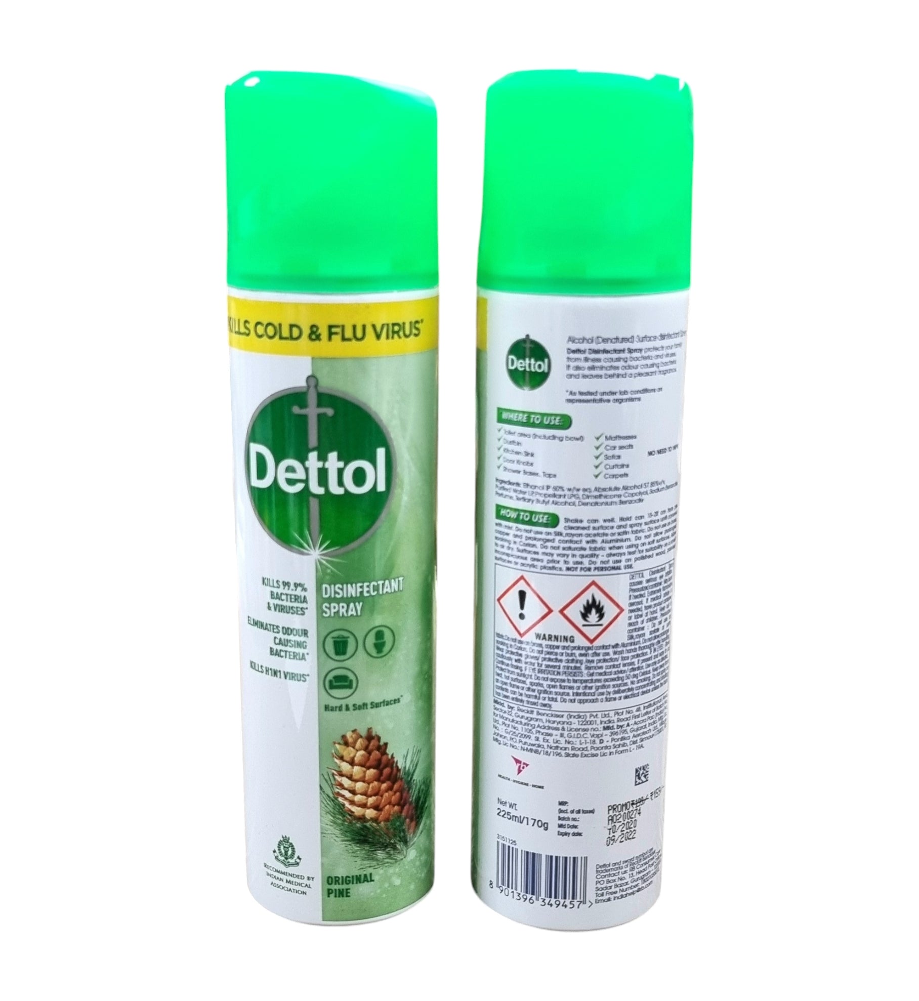 Two Dettol disinfectant spray cans on a white background